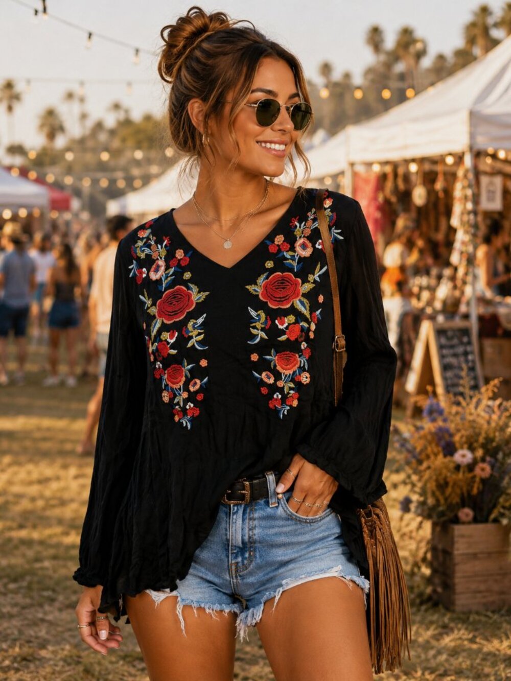 Umgee Black Embroidered Rose Boho Peasant Top Long Sleeve V-Neck